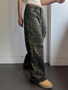 DAZY Jeans de pierna recta con estampado de leopardo para mujer
