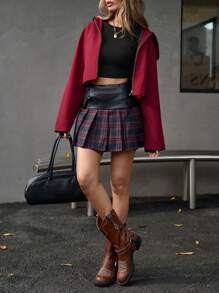 GENKIRA Váy mini xếp ly kẻ caro phong cách đại học thời trang dạo phố cạp chun PU nối gấu cho nữ, mùa thu - Nhiều màu - Xem 7