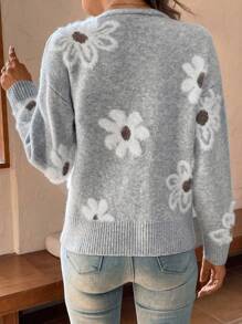 EMERY ROSE Floral Pattern Drop Shoulder Cardigan,Long Sleeve Tops Fall Winter Cloth For Women - Grey - View 2