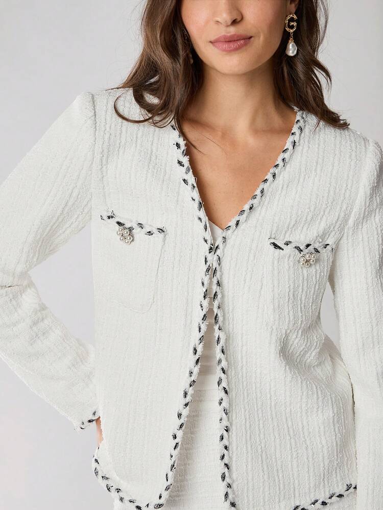 Autumn/Winter Romantic Women's White Elegant Exquisite Pearl Decor Office Wear Long Sleeve Tweed Jacket, Fall Women Clothes