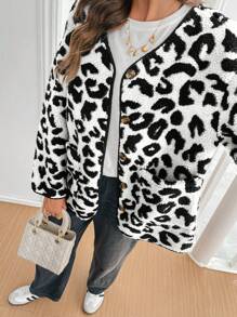 SHEIN Frenchy Áo khoác thường ngày bông in họa tiết da báo cho nữ - Màu be - Xem 1