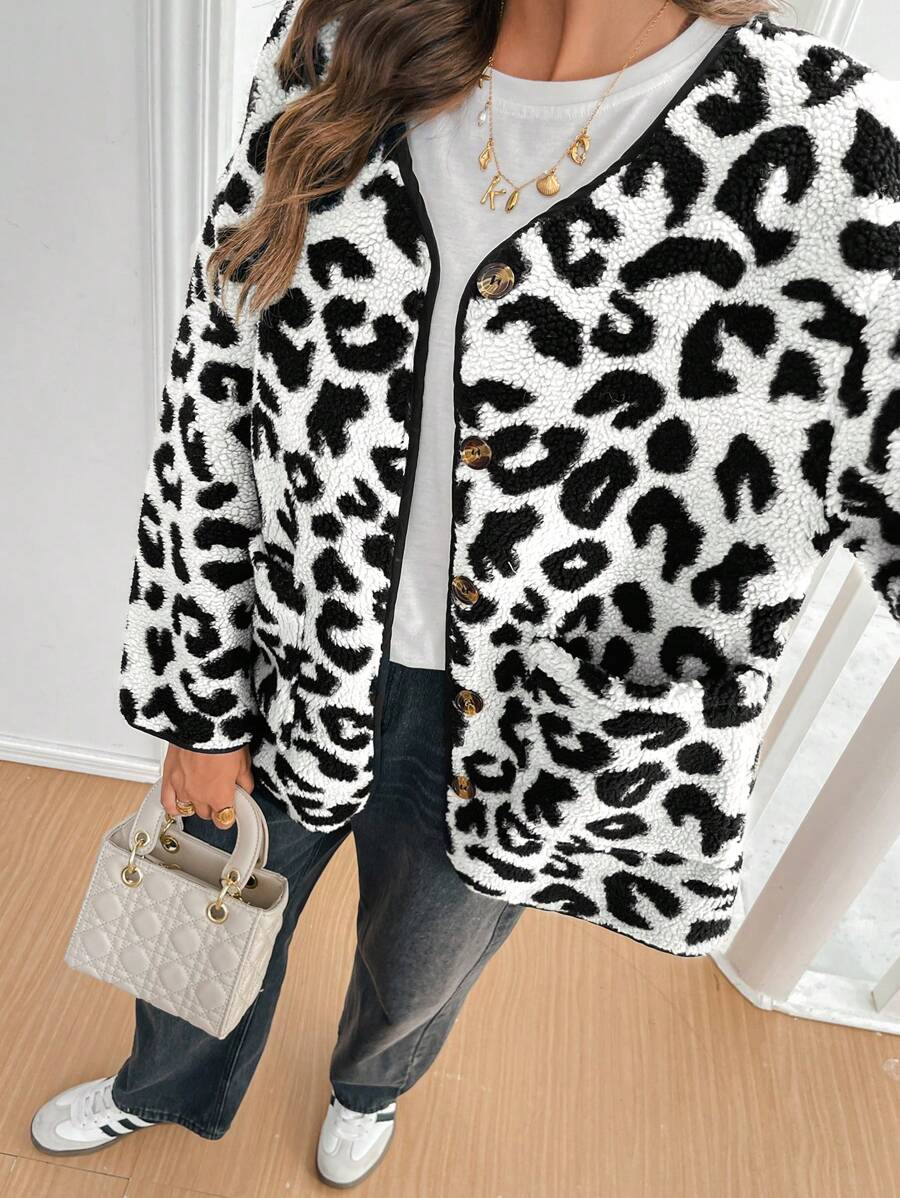 SHEIN Frenchy Áo khoác thường ngày bông in họa tiết da báo cho nữ - Màu be - Xem 1