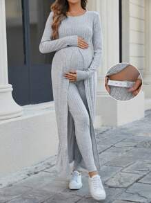 SHEIN 2pcs/Set Maternity Ribbed Fabric High Slit Long Top And Long Pants Set - Grey - View 1