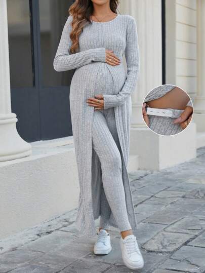 SHEIN 2pcs/Set Maternity Ribbed Fabric High Slit Long Top And Long Pants Set