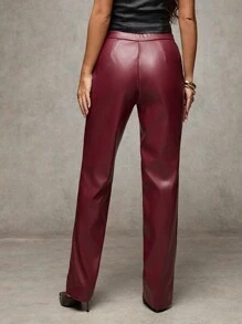 SHEIN BAE Quần ống đứng lưng thấp bằng da nhân tạo PU màu đỏ tía mùa thu đông dành cho nữ/Thích hợp cho tiệc hóa trang/Dạo chơi thời trang và đa năng/Đi làm và giải trí/Quần thường ngày/Phong cách cổ điển/Quần nữ mùa đông/Quần da - Màu Đỏ Sâu - Xem 2