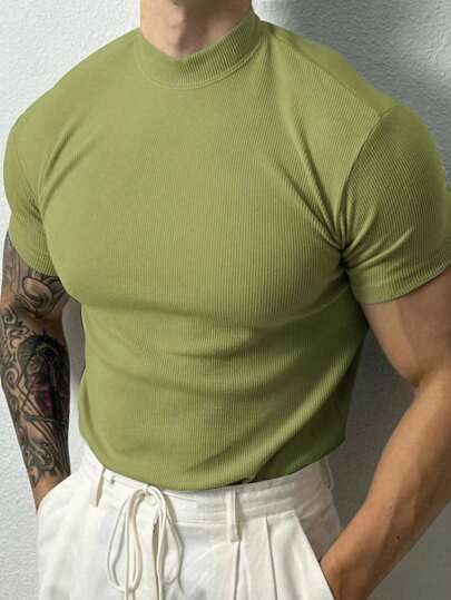 Manfinity Sport Corelite Camiseta deportiva de manga corta para hombre - Entrenamiento y gimnasio y entrenamiento, compresión casual que absorbe la humedad, de secado rápido, verde oliva de ajuste ceñido, tejido de punto de cuello redondo con gran elasticidad - Estilo de novio Camiseta deportiva casual de color liso de manga corta para hombre, parte superior de entrenamiento de verano para gimnasio, camiseta ajustada transpirable de cuello redondo