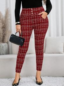 SHEIN Clasi Quần bó kẻ caro cổ điển cỡ lớn mùa thu có nút đàn hồi trang trí, cho quần legging giáng sinh cho nữquần legging mùa đông cho nữquần giáng sinh cho nữ - Màu Đỏ Sâu - Xem 6