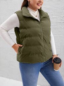SHEIN LUNE Abrigo acolchado sin mangas de unicolor informal, para otoño/invierno, talla grande - Verde militar - Ver 3