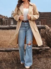 SHEIN VCAY 大码女式单排扣长款休闲长袖外套，纯色，秋季