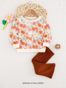 Cozy Pixies 2pcs/Set Baby Girl Floral Print Color Block Round Neck Long Sleeve Sweatshirt And Solid Color Pants Set - Multicolor - View 3