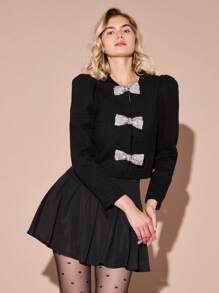 Enchnt Chaqueta de tweed de manga larga con lazo con strass brillantes negro, romántica para mujer, atuendo dulce y elegante para el Día de San Valentín, fiestas de Navidad, Año Nuevo, cumpleaños, vacaciones y citas románticas
