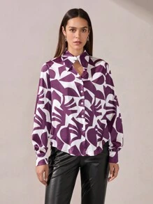 BizChic Women's Elegant Purple Satin Floral Print Long Sleeve Blouse, Thanksgiving, Christmas, New Year's Eve Party Dress, Commuting Ladies Wear, - Multicolor - View 4