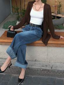 DAZY 1 pieza Chaqueta de punto de mujer con cuello en V, ajuste holgado, unicolor, manga larga y bolsillos