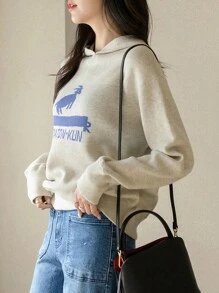 DAZY 女式撞色图案连帽套头衫秋季 - 杏色 - 查看 4