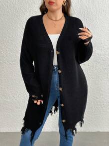 SHEIN LUNE Plus Size Black Solid Color Front Button Ripped Fringe Trim Casual Long Sleeve Knit Cardigan