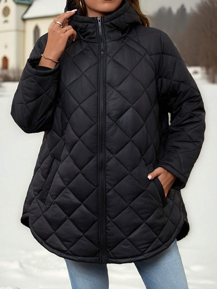 SHEIN LUNE 大码冬季休闲纯色连帽保暖特殊面料棉服外套，冬季女装