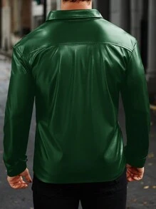 Manfinity Men's Solid Color Long Sleeve PU Leather Single-Breasted Utility Shacket, Autumn - Dark Green - View 2