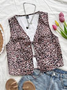 Soleia Women's Leopard Print Tie Front Sleeveless Cardigan Vest Top, Fashionable Layering Piece For Street & Holiday Wear, Autumn/Winter