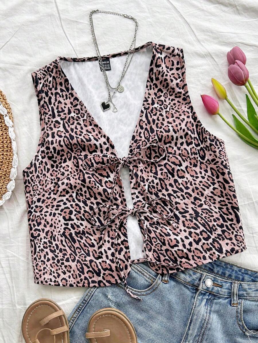 Soleia Women's Leopard Print Tie Front Sleeveless Cardigan Vest Top, Fashionable Layering Piece For Street & Holiday Wear, Autumn/Winter