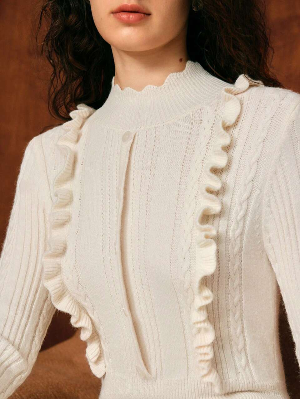 MOCK NECK RUFFLE TRIM CABLE KNIT SWEATER DRESS WITHOUT BELT
