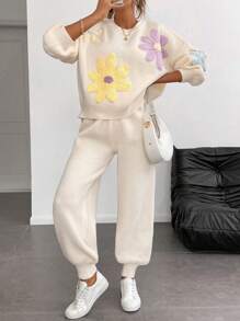 Chiquease Retro European Colorful Floral Print Round Neck Lantern Sleeve Loose Casual Comfy Sweater Set, Autumn/Winter - Beige - View 4