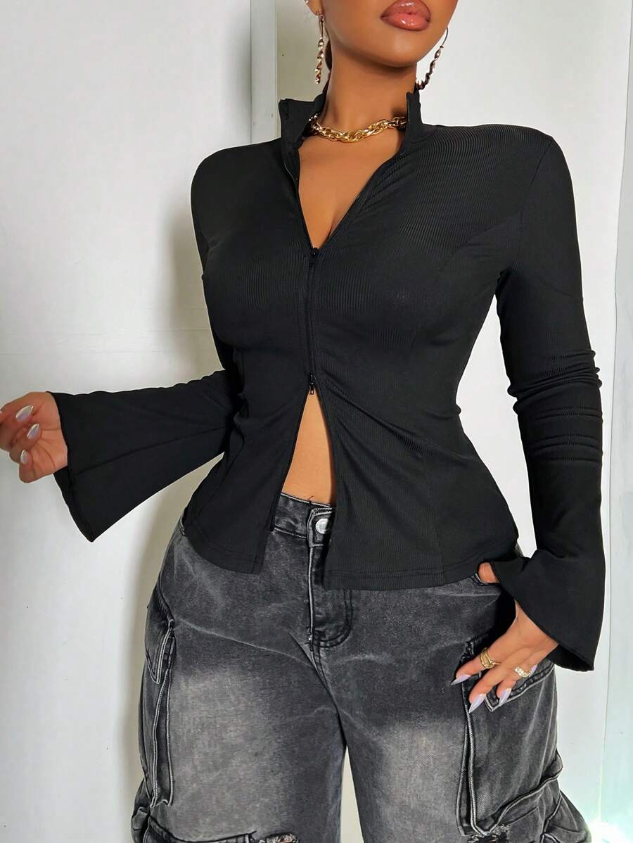 Maweii Áo bó sát có khóa kéo kép gân cỡ lớn dành cho nữ - màu đen - Xem 1