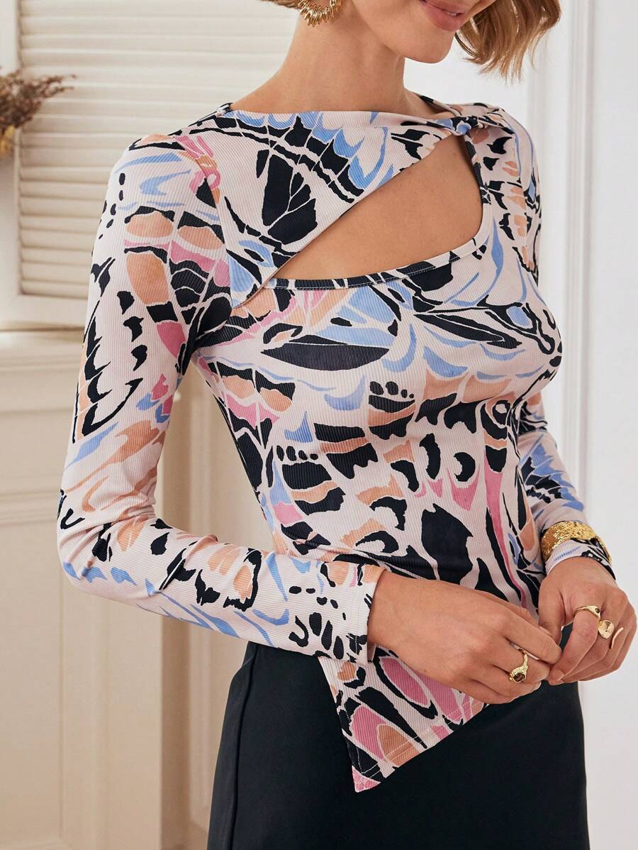 Almamuse Damen Herbst Asymmetrischer Ausschnitt Figurbetontes Stylishes T-Shirt mit Vollaufdruck