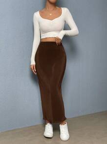 SHEIN Essnce Casual Solid Color Textured Skirt For Autumn - Brown - View 4