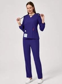 TaskEZ 1 set Uniforme de scrub con top de manga larga cuello en V de unicolor y pantalones, conjunto minimalista - Azul - Ver 5