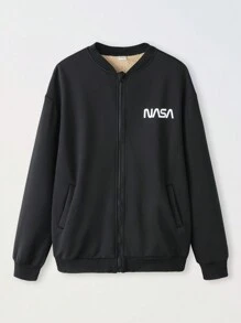 青少年男孩休闲保暖内衬校队夹克，秋冬季 - 黑色 - 查看 1