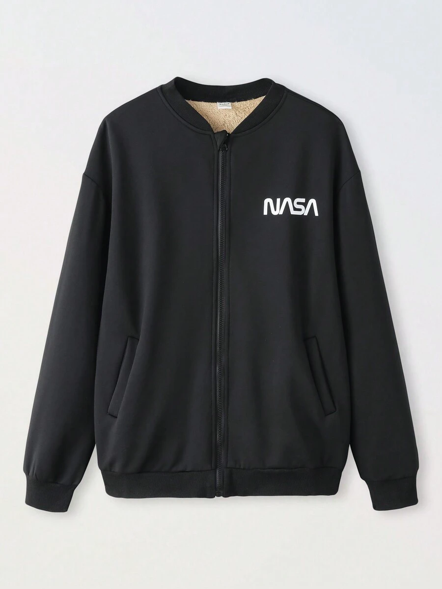 青少年男孩休闲保暖内衬校队夹克，秋冬季 - 黑色 - 查看 1