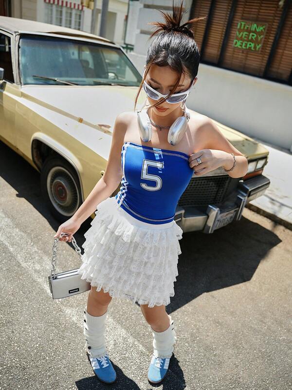 SHEIN 2 Stücke Y2K Teen Mädchen (14-16 Jahre) lässiges Y2K Football Cheerleader Buchstaben Muster Crop Top und Spitzen-Minirockset