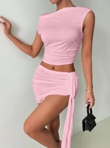 INAWLY Zomerse effen asymmetrische geplooide cropped top en bodycon minirok, 2-delige set