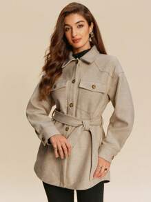 Chiquease 女士休闲翻盖口袋短款系带夹克，韩版高端秋冬 - 杏色 - 查看 3