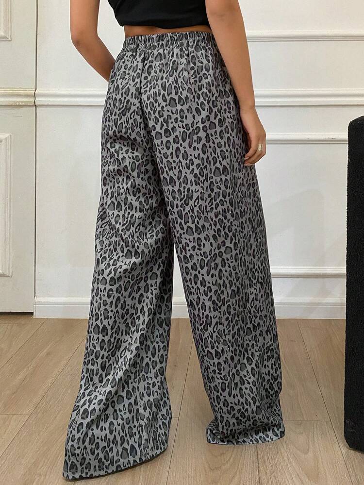 Leopard Print Elastic Waist Loose Wide Leg Pants For Women Cheetah Print