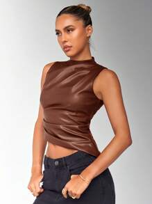 SHEIN BAE 女士时尚纯色不对称下摆褶饰吊带背心 - 棕色 - 查看 4