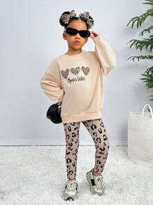 SHEIN Leap Crew Bộ quần áo chui đầu cổ tròn dệt kim kiểu đô thị thanh lịch của NovaGlow Young Girl và quần họa tiết da báo, Nova Glow Young Girl - Màu be - Xem 1