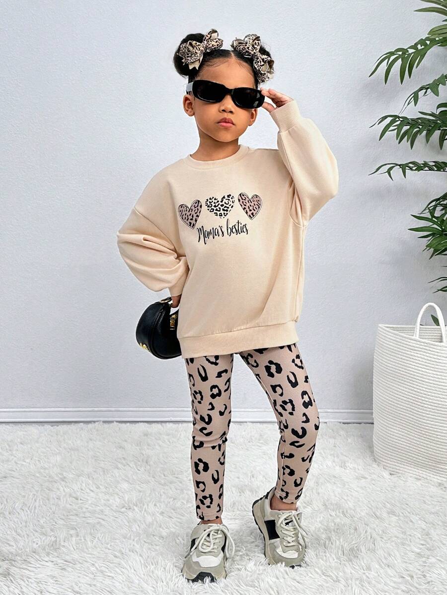 SHEIN Leap Crew Bộ quần áo chui đầu cổ tròn dệt kim kiểu đô thị thanh lịch của NovaGlow Young Girl và quần họa tiết da báo, Nova Glow Young Girl - Màu be - Xem 1