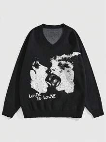 ROMWE MEN Grunge Punk Men's Casual Graphic Letter & Figure Pattern Pullover Sweaters For Autumn/Winter - Black - View 1