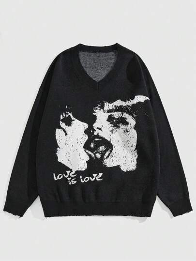 Grunge Punk Suéteres de punto casuales para hombres con estampado de letras y figuras gráficas para otoño/invierno