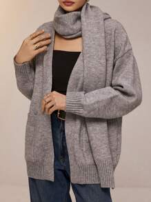 Poéselle 针织外套配围巾，宽松开衫配秋灰色围巾图案，极简云朵花纱，针织披肩，圣诞毛衣，美式毛衣 - 灰色 - 查看 6