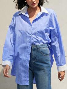 EMERY ROSE 时尚宽松超大男友风贴花设计条纹长袖衬衫 - 藍白色 - 查看 5