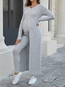 SHEIN 2pcs/Set Maternity Ribbed Fabric High Slit Long Top And Long Pants Set - Grey - View 4