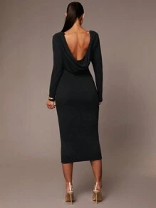Silquee Women's Elegant And Gorgeous Autumn And Winter Draped Backless Long Sleeve Dress Ideal For Daily Commuting Or Partying, Black Stretch Knit Midi Dress,Thanksgiving,Christmas,New Year Eve Outfit