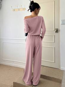 DAZY Asymmetric Shoulder Casual Loungewear Set - Pink - View 2