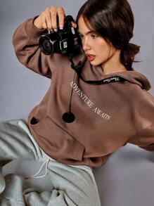 Athîral Women's Letter Pocket Hooded Casual Long Sleeve Sweatshirt Fall/Winter Warm Cold Weather Thermal Brown Color