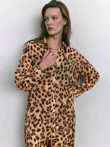 Maija Women's Brown Leopard Print Button Down Loose Fashion Casual Long Sleeve Shirt, Autumn/Winter - Khaki - View 6