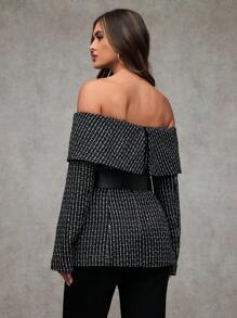SHEIN BAE Áo khoác blazer thanh lịch hở vai dài tay kẻ caro mùa thu cho nữ - màu đen - Xem 6