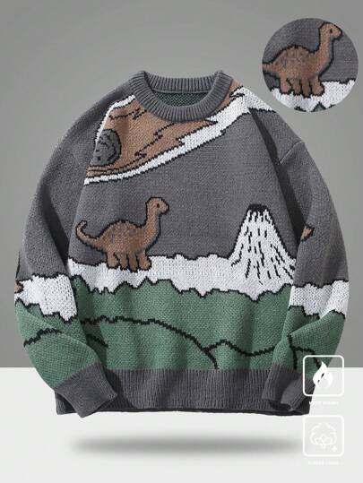 Manfinity EZcore Men's Winter Casual Cartoon Dinosaur Pattern Sweater, For Fall, Long Sleeve Top