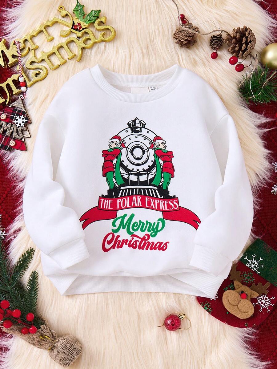 THE POLAR EXPRESS X SHEIN 圣诞节男孩图案印花运动衫 - 白色 - 查看 1